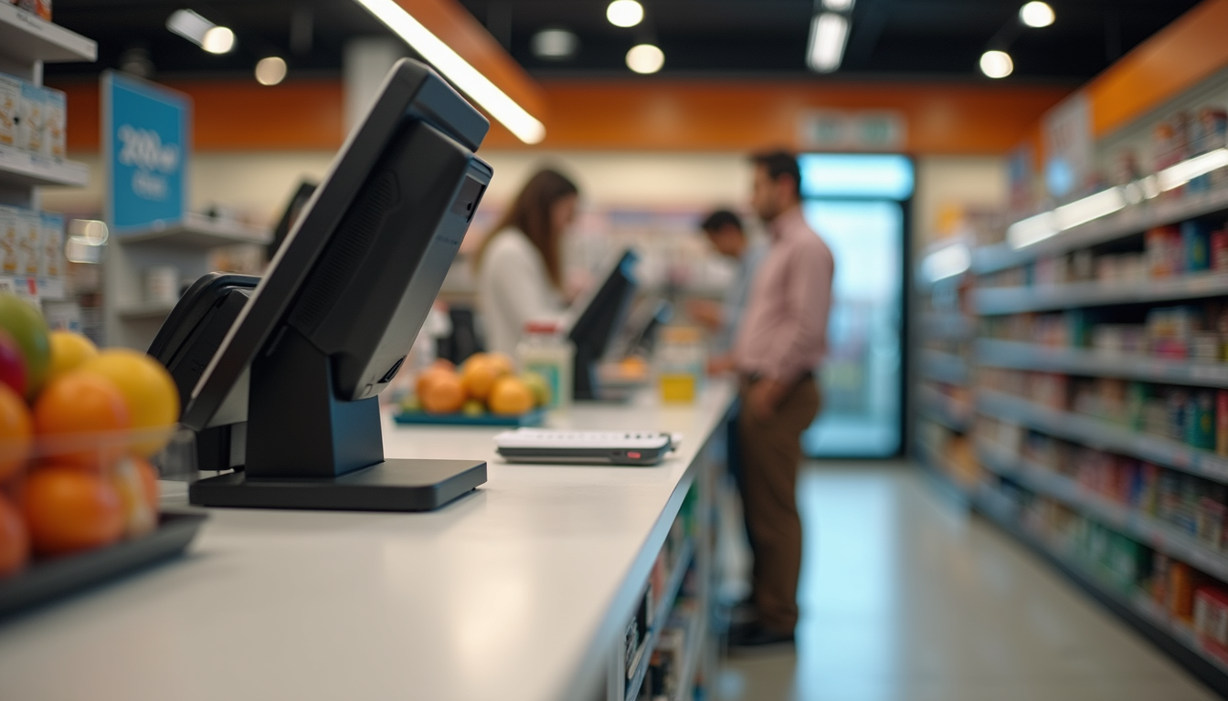 Eye-level view of a modern retail checkout counter with a POS system