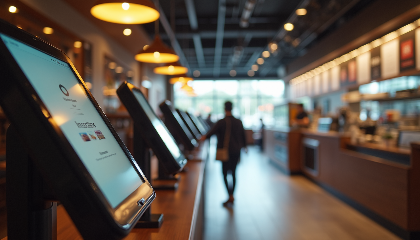 Eye-level view of a modern restaurant with digital ordering kiosks