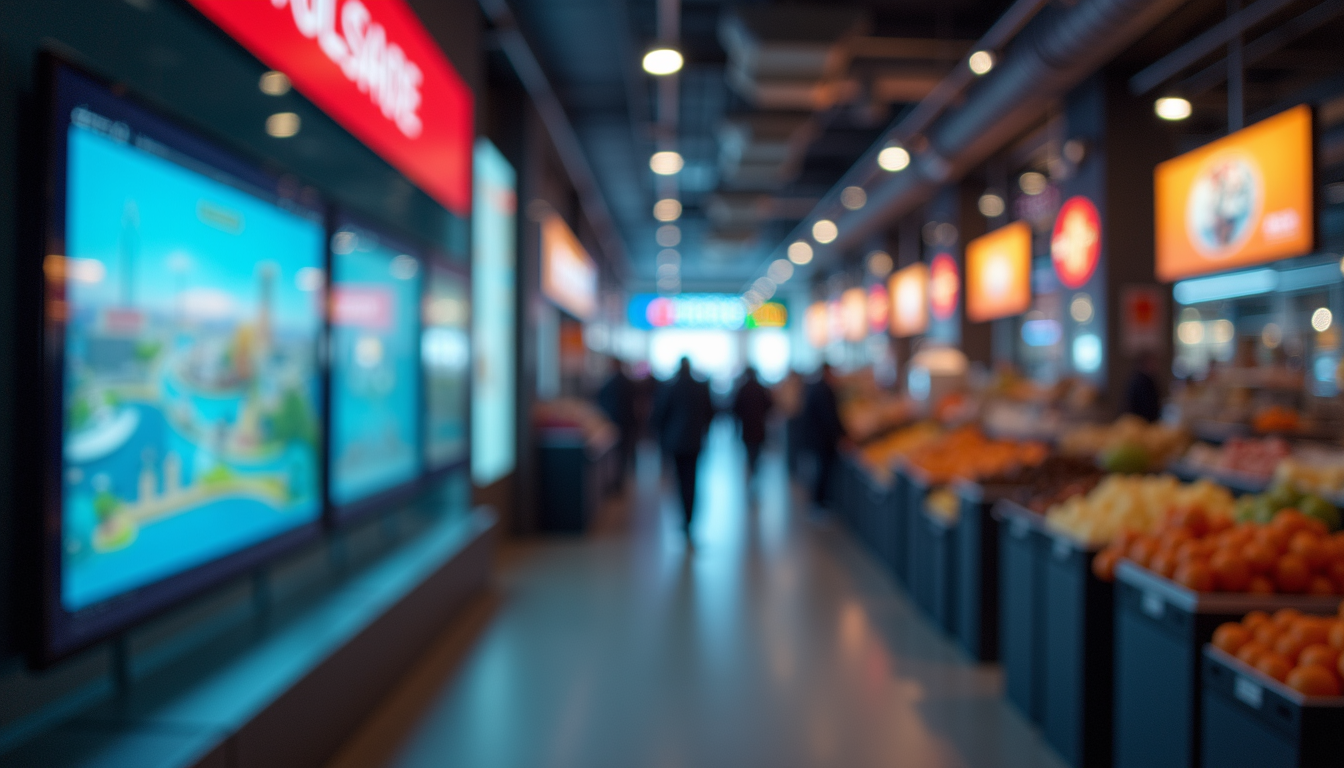 High angle view of a vibrant marketplace showcasing digital interaction displays