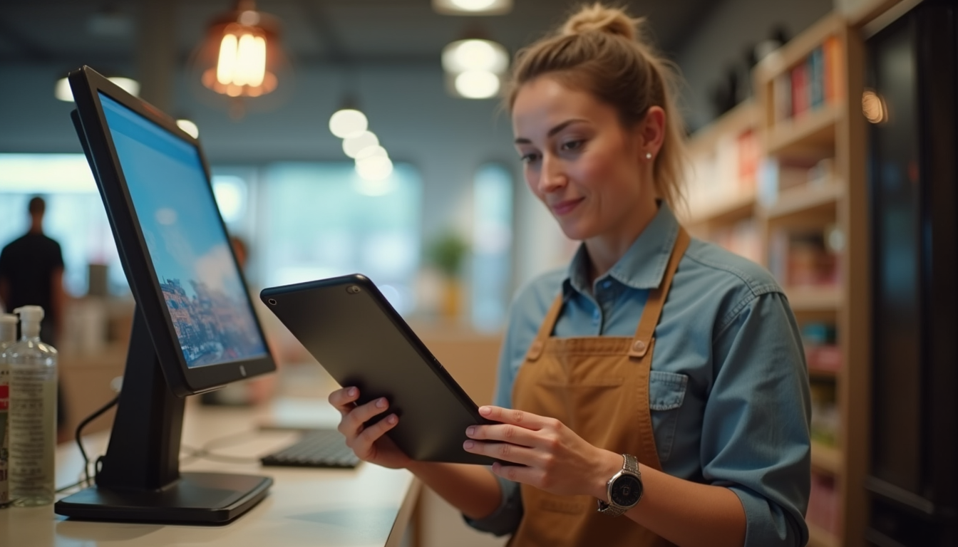 Close-up view of a retail employee using a tablet POS system