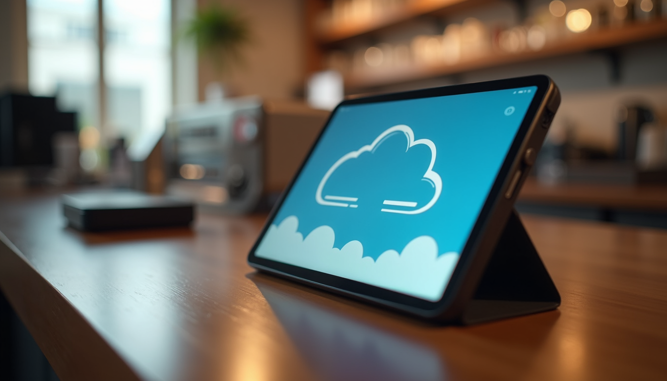 Close-up of a tablet displaying a cloud-based POS system interface