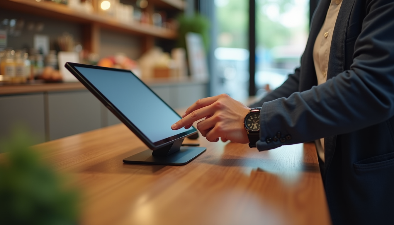 Eye-level view of a small business owner using a tablet POS system at checkout