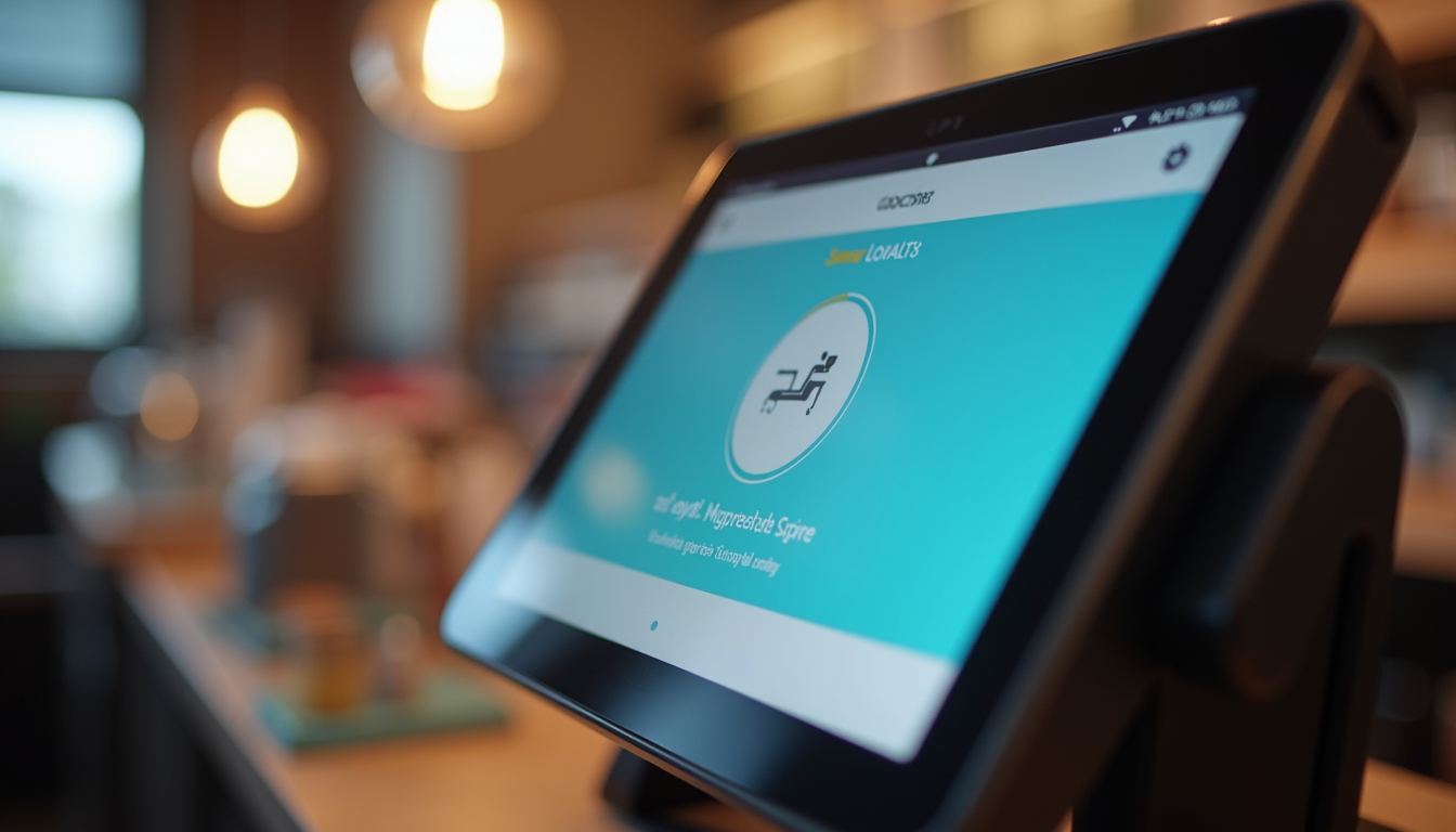 Close-up view of a POS terminal displaying a customer loyalty program screen