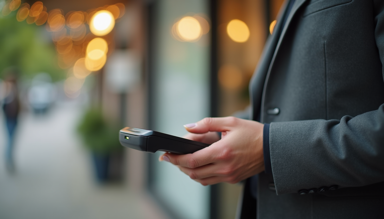 Eye-level view of a small business owner using a mobile payment terminal outdoors