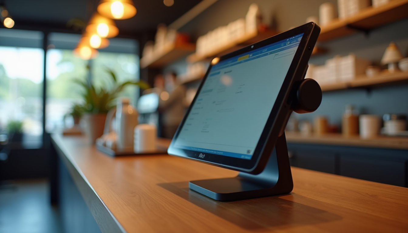 Close-up view of a modern POS terminal on a restaurant counter