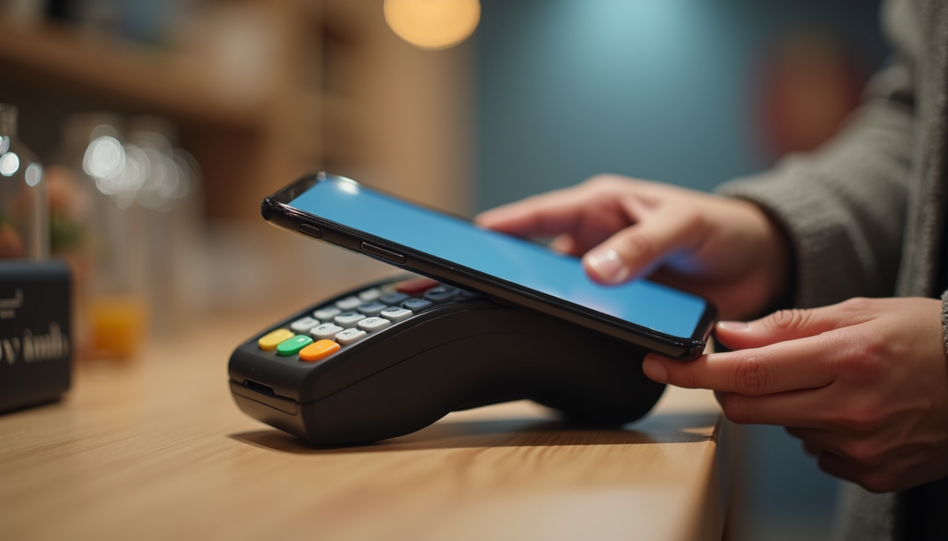 Eye-level view of a mobile payment terminal connected to a smartphone