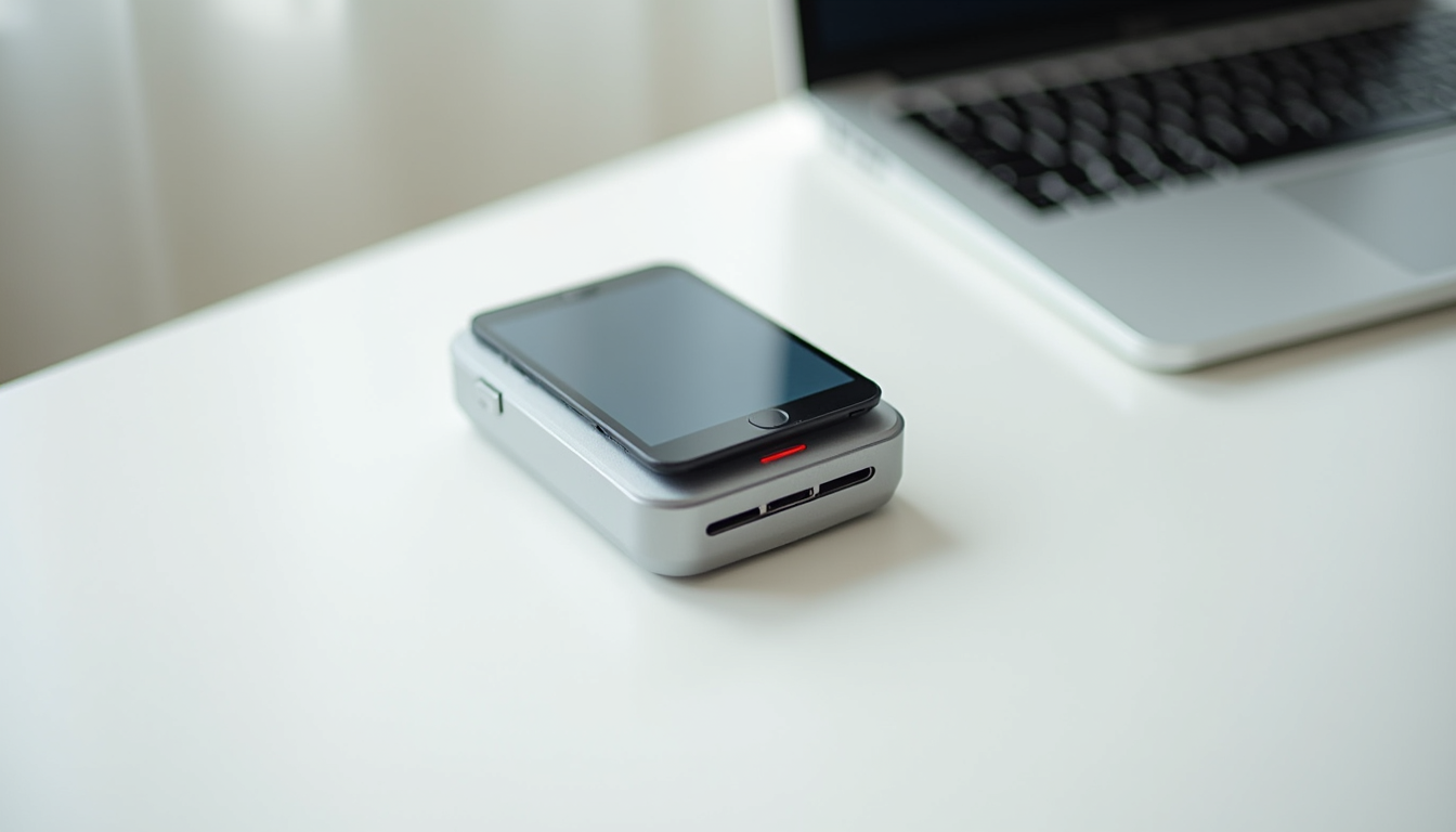 High angle view of a compact mobile card reader on a white table