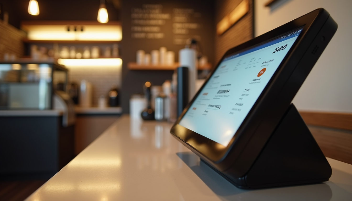 Eye-level view of a sleek self-ordering kiosk in a modern café