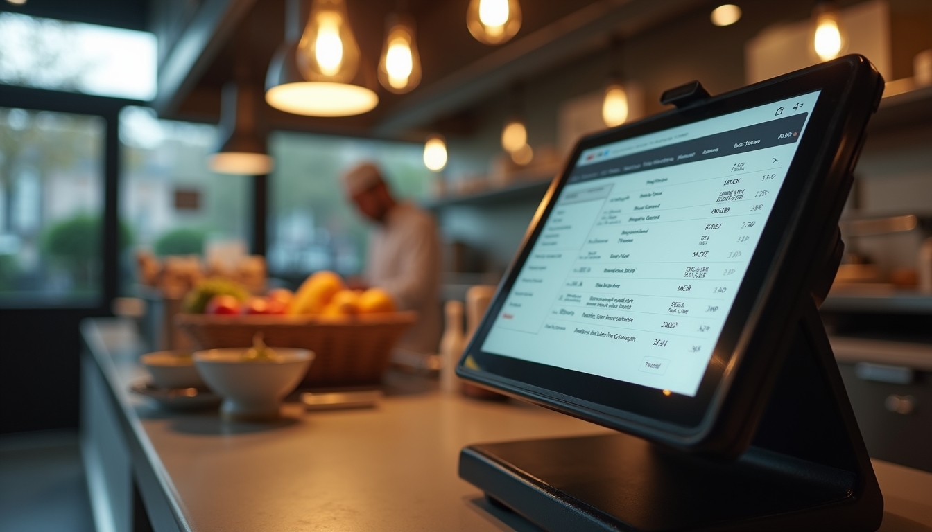 Eye-level view of a restaurant kitchen with a POS screen displaying orders