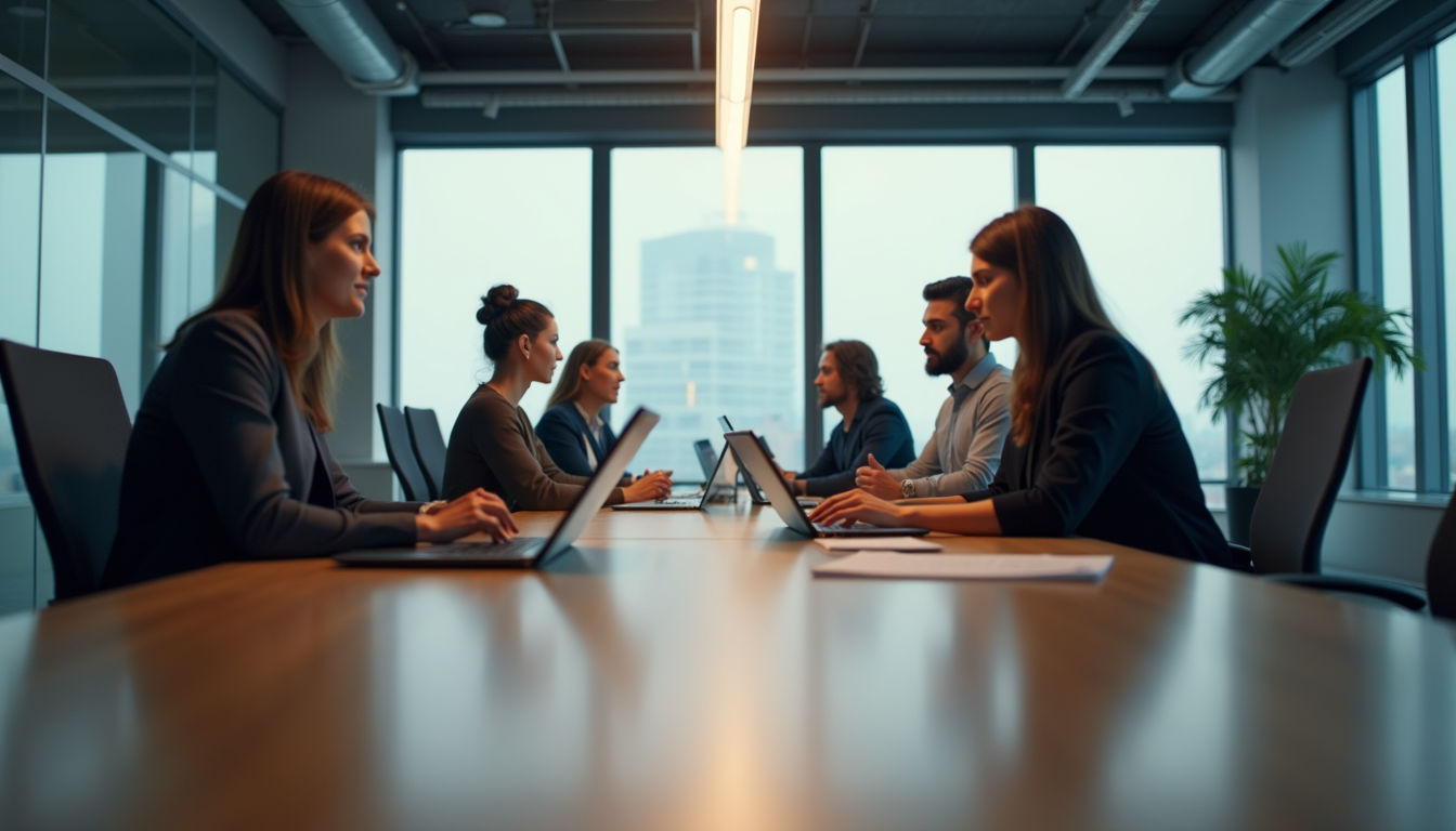 Eye-level view of a modern office environment with team collaboration tools