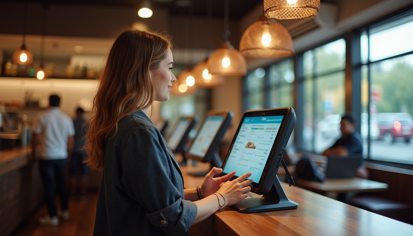 High angle view of a customer using a self-service ordering kiosk in a restaurant