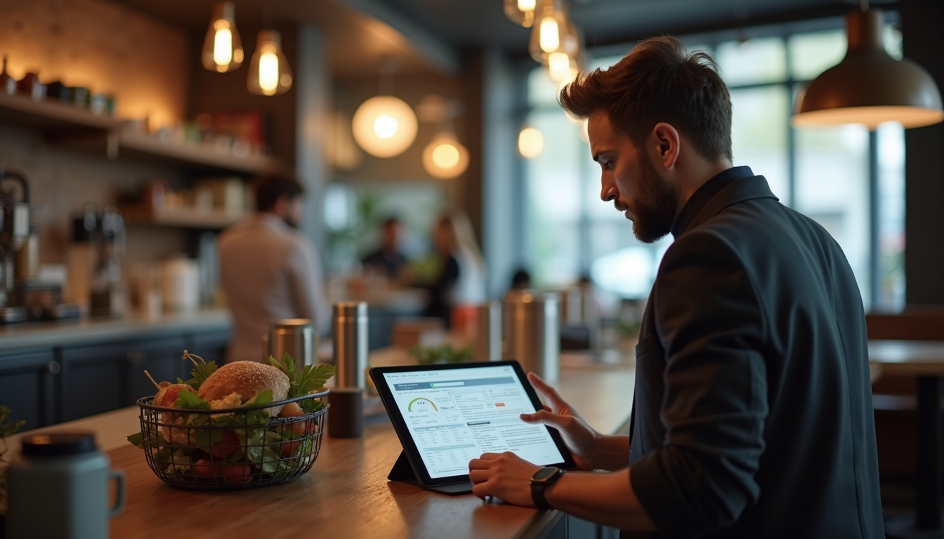 High angle view of a restaurant manager reviewing sales reports on a tablet