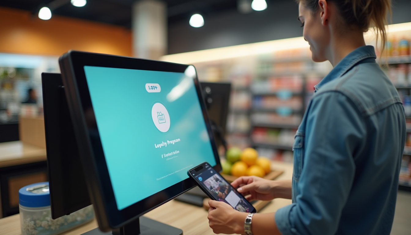 High angle view of a retail store checkout with a digital loyalty program display
