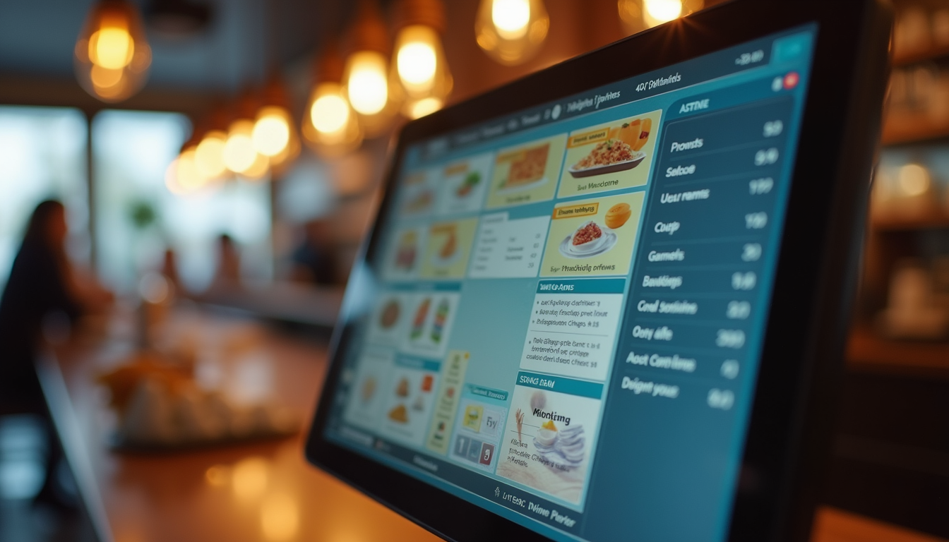 Close-up view of a restaurant POS terminal with colorful menu options on screen