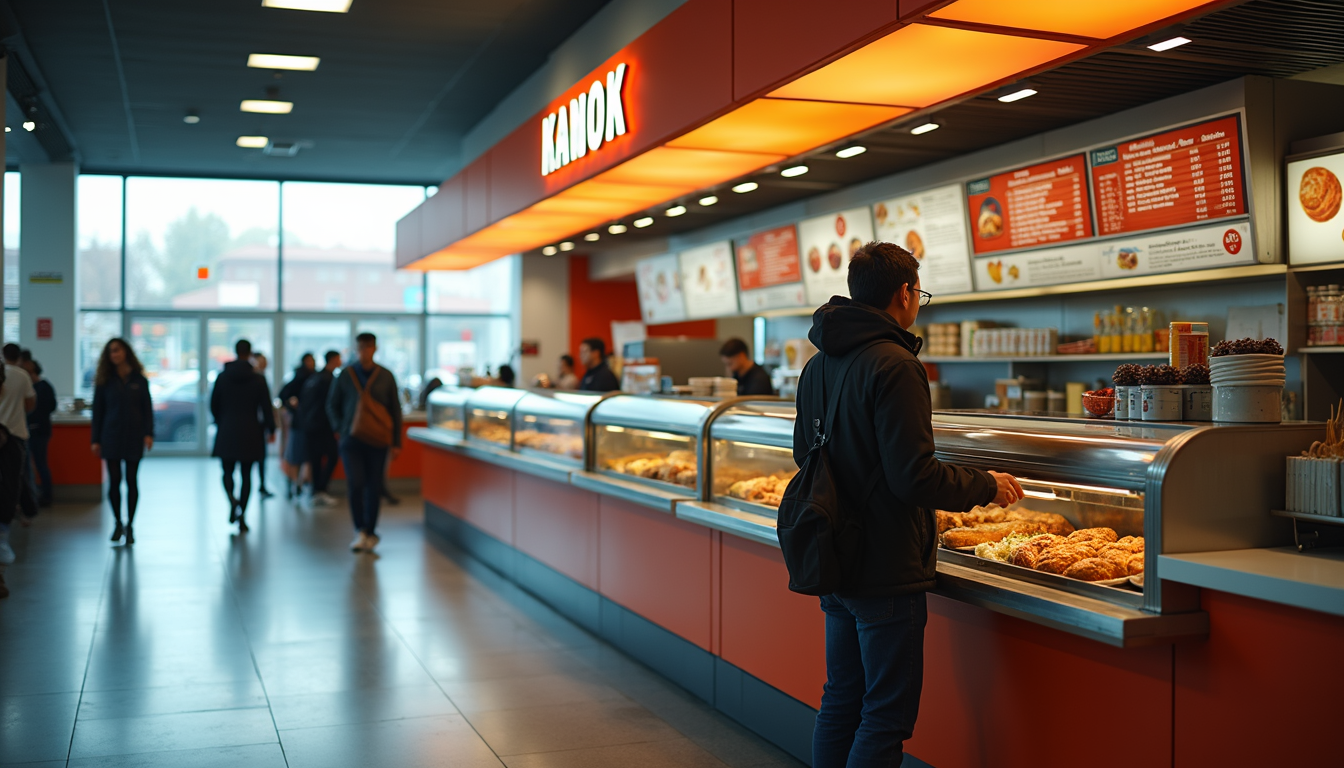 High angle view of a self-service kiosk station in a busy food court
