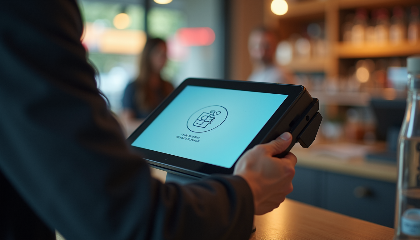 Close-up view of a POS terminal displaying a loyalty rewards screen
