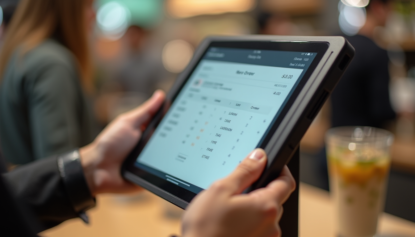 Close-up view of a tablet POS system displaying a simple order screen