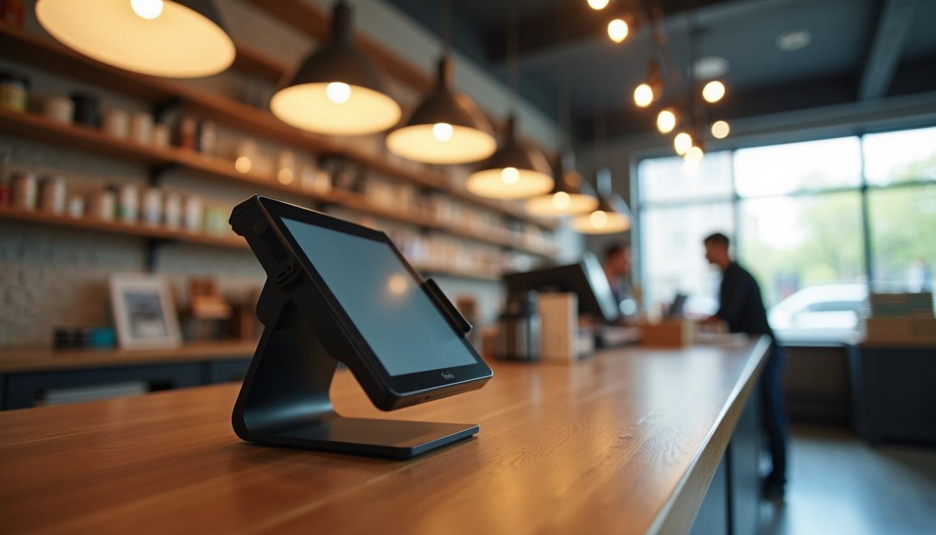 Eye-level view of a modern point of sale terminal on a wooden counter