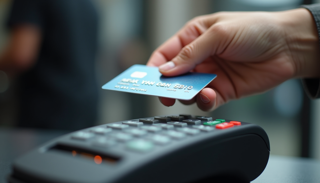 Close-up view of a credit card being swiped through a card reader