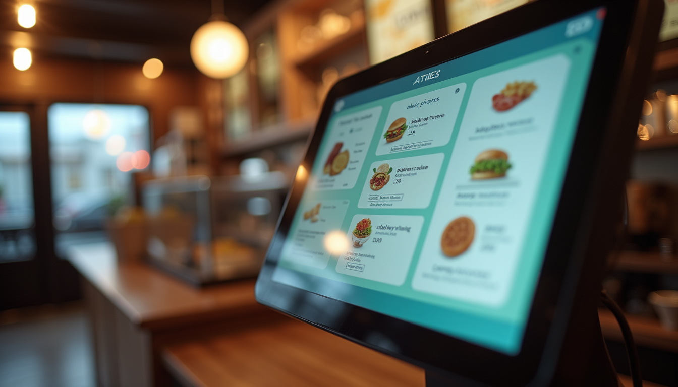 Close-up view of a self-ordering kiosk touchscreen displaying a food menu