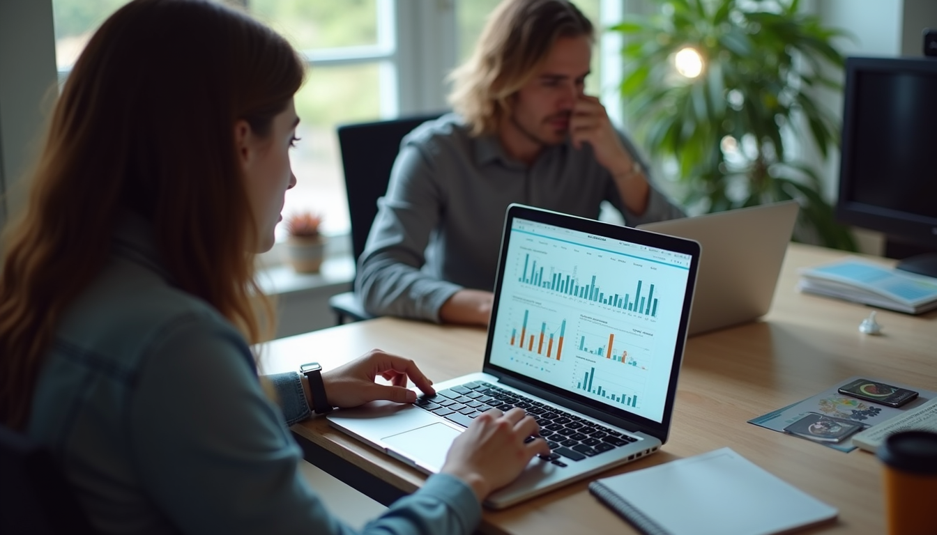 High angle view of a digital marketing team analyzing customer journey data on a laptop