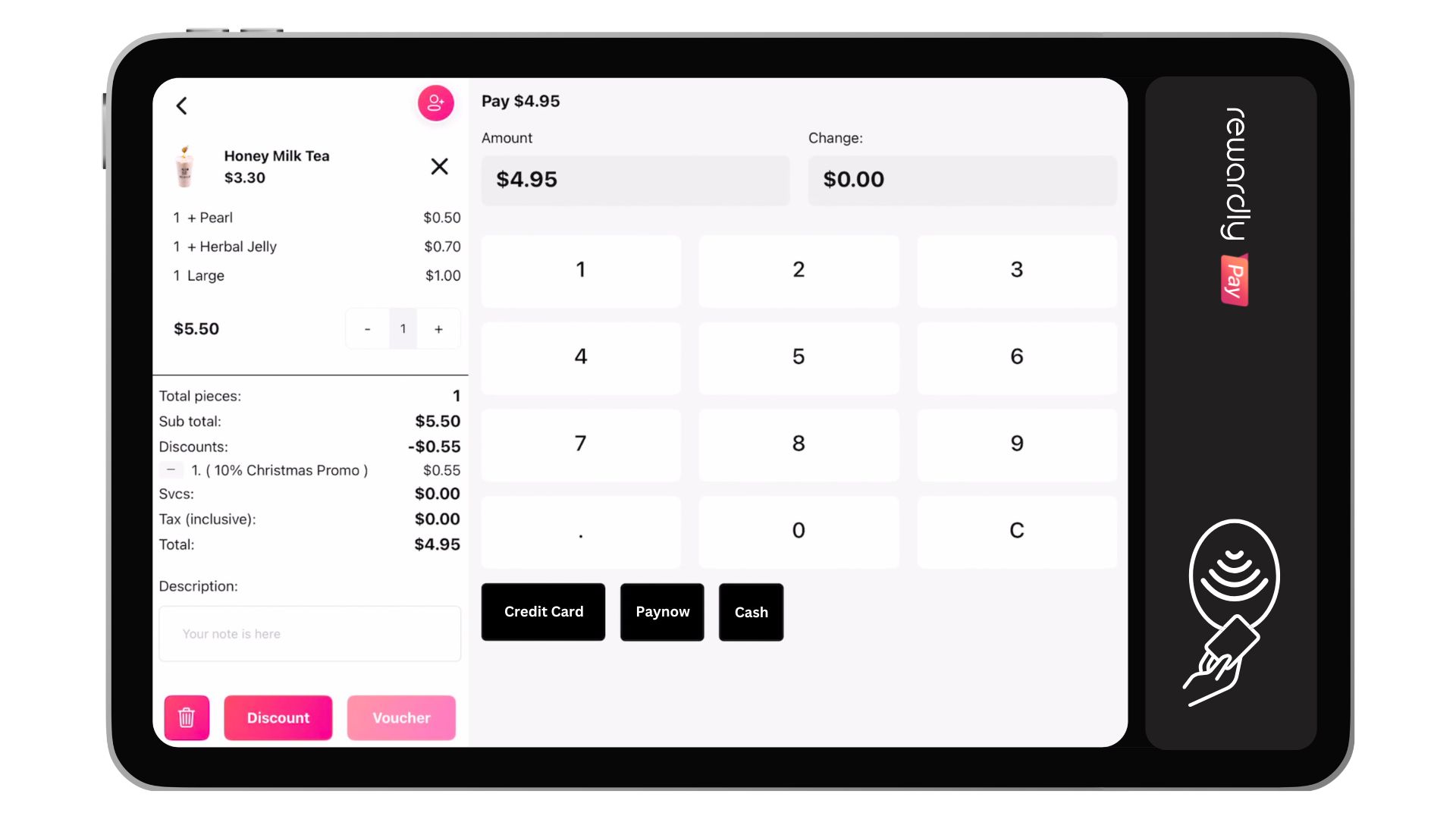 Rewardly Tab offers a 10" wide viewing area together with high performance processor and SoftPOS capability for the merchant to sell and collect payment.