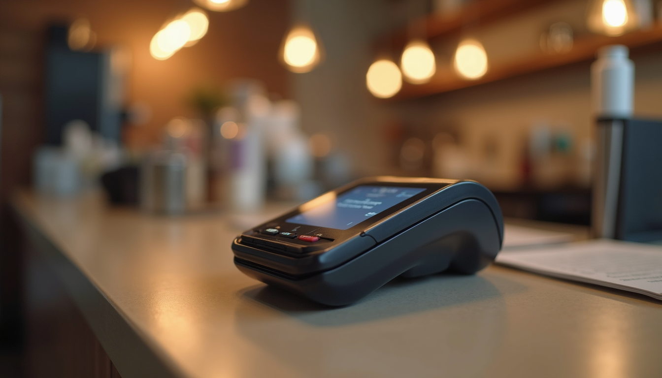 Eye-level view of a compact mobile payment terminal on a cafe counter