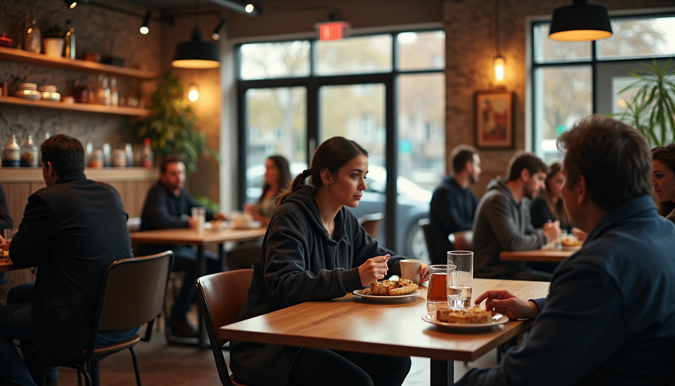 Wide angle view of a busy café with customers enjoying their meals