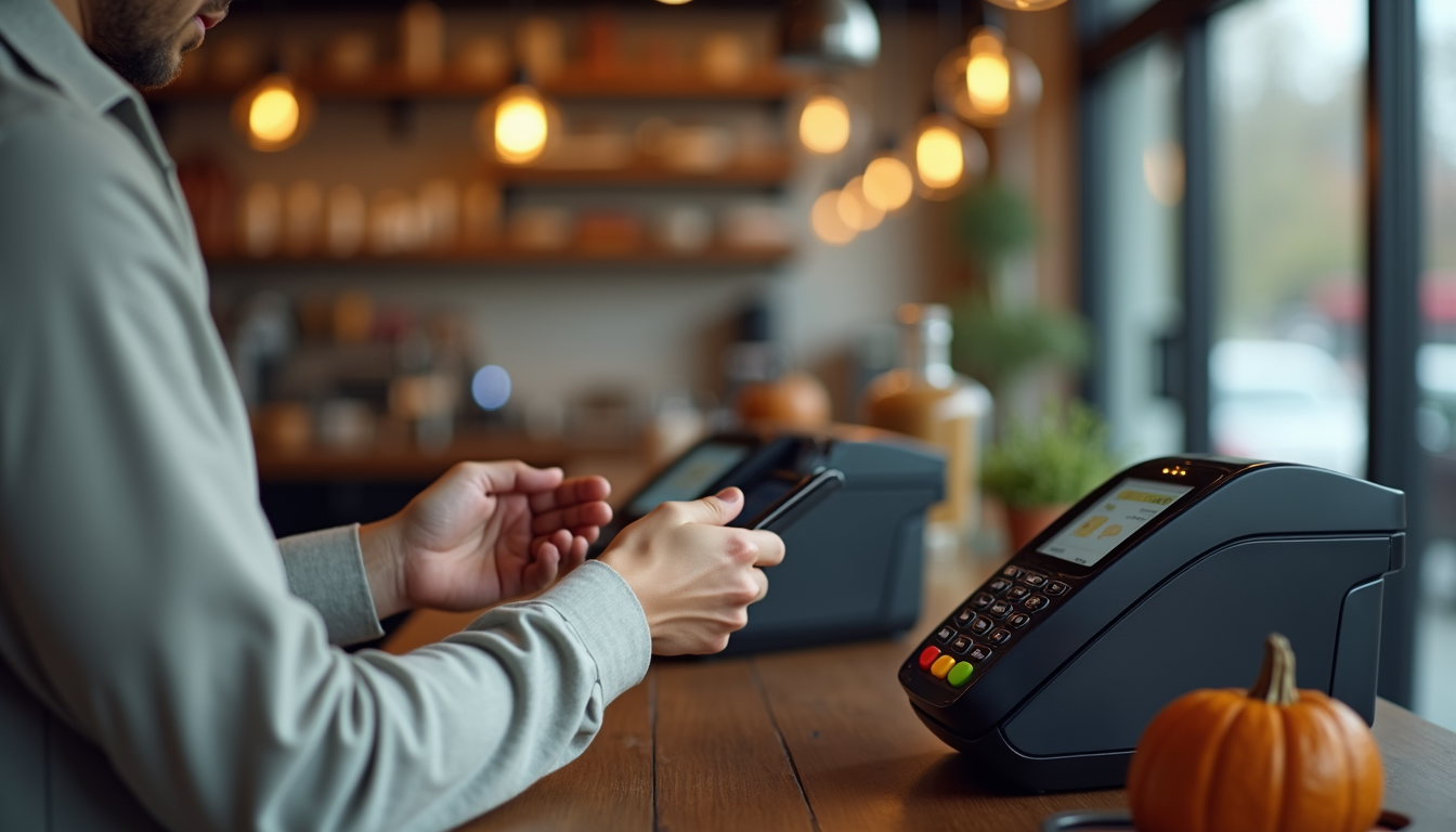 Eye-level view of a small business owner comparing payment terminal options